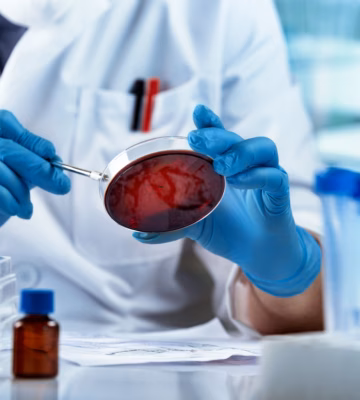 Wetenschapper werkt met een petrischaal voor analyse onder de microscoop in het laboratorium. De onderzoeker onderzoekt en analyseert culturen in petrischalen in het microbiologielab.