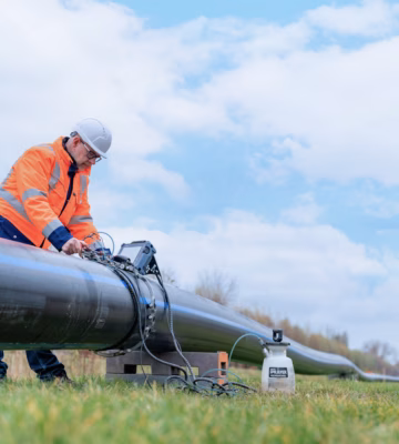 A man is inspecting a large pipe in a grassy field, wearing a reflective jacket and a safety helmet.