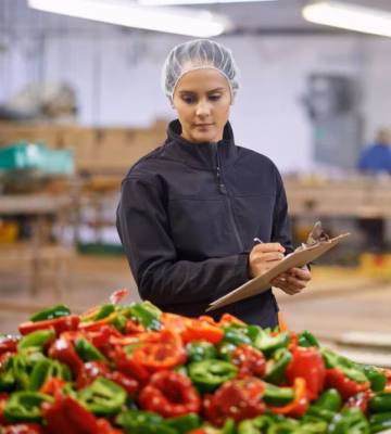 A woman wearing a hairnet is performing quality control on red and green peppers in a large bin at a vegetable processing plant, writing notes on a clipboard.