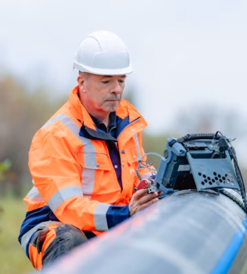Man wearing an orange safety jacket and white helmet inspecting a large pipeline outdoors at an industrial site.