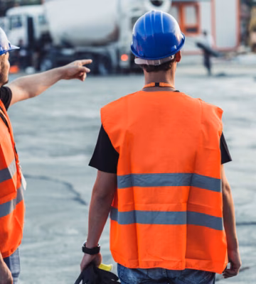 Mitarbeiter in Sicherheitskleidung und mit Bauhelmen auf einer Baustelle während der Arbeiten und der Arbeitskoordination