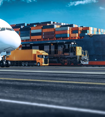 Freight transport by container ship, truck, and airplane in a port logistics environment