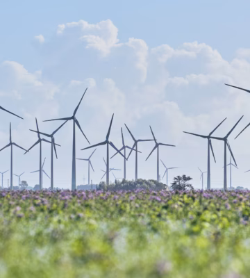 Windkraftanlagen in einer offenen Landschaft mit Vegetation im Vordergrund, die zur Erzeugung erneuerbarer Energie genutzt werden.
