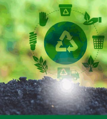 Recycling symbol above the Earth with icons for sustainability and waste management