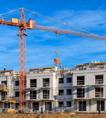 New construction project featuring apartment complexes under construction and a tower crane at an active construction site.