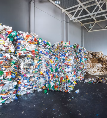 Plastic bales of rubbish at the waste treatment processing plant. Recycling separatee and storage of garbage for further disposal, trash sorting. Business for sorting and processing of waste.