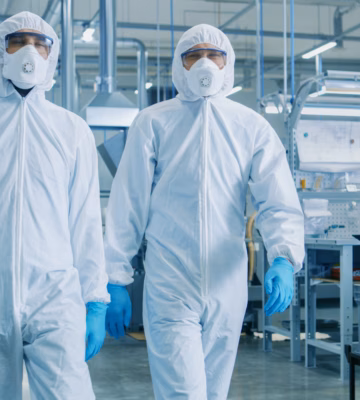 Two Engineers/ Scientists in Hazmat Sterile Suits Walking Through Technologically Advanced Factory/ Laboratory. Clean High-Tech Environment with CNC Machinery.