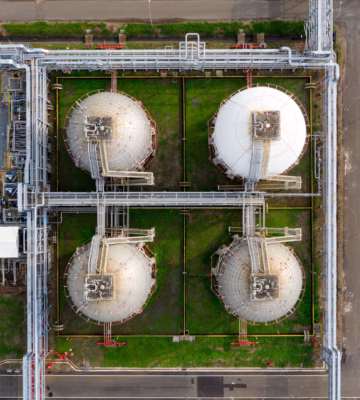 Vue arrière de quatre grands réservoirs de stockage sphériques pour le butane et le propane, reliés par un vaste réseau de canalisations au sein d'une installation industrielle.