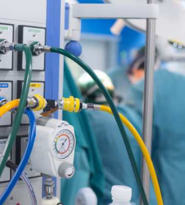 Système de gaz médicaux dans une salle d'opération avec raccords pour l'oxygène, le protoxyde d'azote, le vide et l'air médical, comprenant des tuyaux colorés et un manomètre.