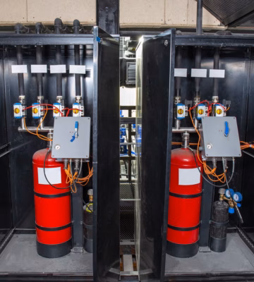 Brandblusinstallatie met gasbluscilinders in technische ruimte voor een gelijkwaardigheidstest van het blussysteem.