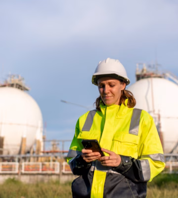 Medewerker voert een veiligheidscontrole uit op een terrein met industriële gashouders.