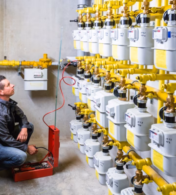 Inspecteur van Normec voert een veiligheidsmeting uit bij een opstelling van meerdere gasmeters in een technische ruimte.