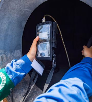 Un inspecteur effectue une mesure de la qualité de l'air à l'aide d'une sonde de mesure portable dans une installation de traitement de l'air.