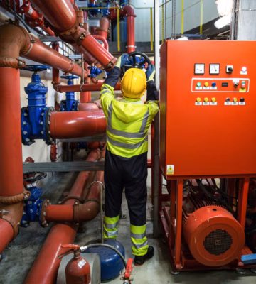 Een medewerker controleert een technische installatie met leidingwerk en besturingsapparatuur in een industriële omgeving.