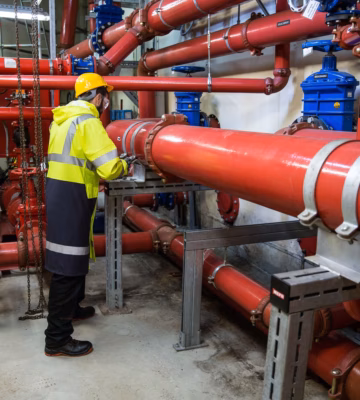 Een medewerker voert een inspectie uit aan leidingwerk en technische componenten in een industriële installatie.