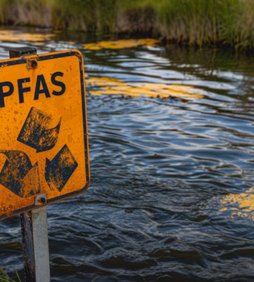 Panneau d'avertissement concernant la pollution par les PFAS près d'un cours d'eau, dans le cadre d'une étude sur la qualité de l'eau et la pollution environnementale.