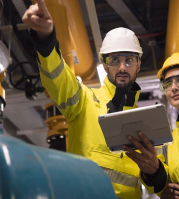 Deux employés contrôlent une installation industrielle et enregistrent les données d'inspection à l'aide d'une tablette.