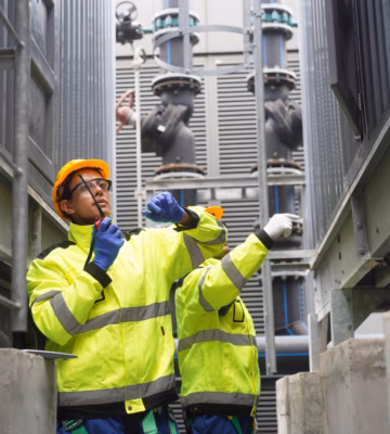 Des collaborateurs effectuent une inspection des installations industrielles et des réseaux de canalisations.