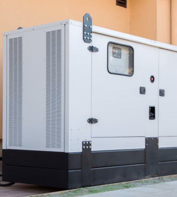Un groupe électrogène de secours en caisson installé à côté d'un bâtiment pour assurer une alimentation électrique fiable.