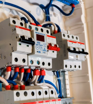 Vue détaillée d'un tableau de distribution électrique avec disjoncteurs et câblage raccordé.