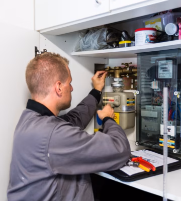 Un technicien effectue des opérations de contrôle sur un compteur de gaz et l'installation électrique d'un placard à compteurs.