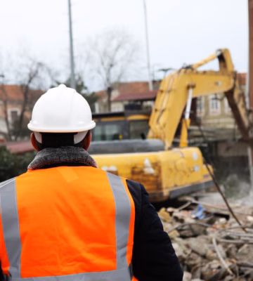 Un superviseur observe les travaux de démolition effectués à l'aide d'une pelleteuse sur un chantier.