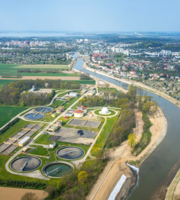 Luchtfoto van de rioolwaterzuiveringsinstallatie