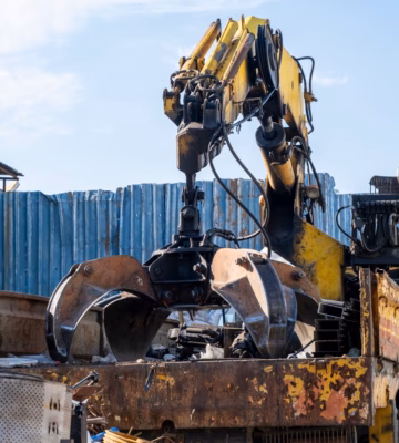Een autolaadkraan met grijper verplaatst materialen op een industrieterrein.