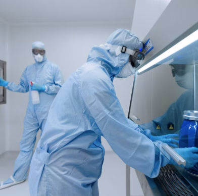 Twee mannen, gekleed in steriele pakken, voeren tests uit in een cleanroom.