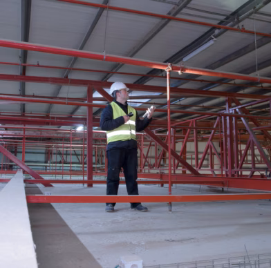 Een man inspecteert het interieur van een gebouw in aanbouw, draagt een reflecterend hesje en een veiligheidshelm, en houdt een zaklamp omhoog.