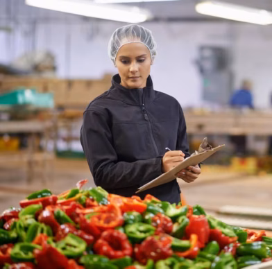 A woman wearing a hairnet is performing quality control on red and green peppers in a large bin at a vegetable processing plant, writing notes on a clipboard.