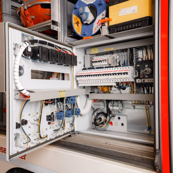 Een geopende schakelkast toont elektrische componenten en bekabeling voor technische installaties.