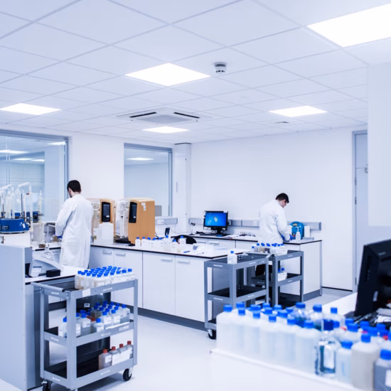 Modern laboratorium voor chemische analyses met werkbanken, meetapparatuur en monsters in flessen.