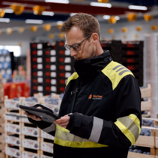A warehouse worker with a handheld scanner checks goods in a logistics environment.