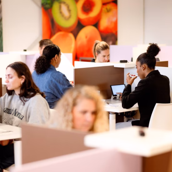 Die Mitarbeiter arbeiten an Computern in einer modernen Büroumgebung mit offenen Arbeitsplätzen und Rückzugsbereichen.