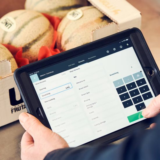 Tablet mit digitalem Formular zur Qualitätskontrolle neben verpackten Lebensmitteln in einer Produktionsumgebung.