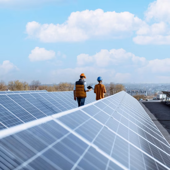 Technicians are inspecting solar panels at a large solar farm as they walk through the facility.