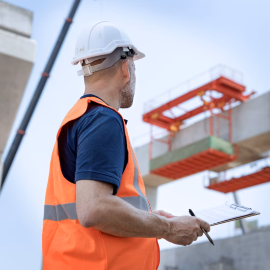 A man is looking at a construction site, wearing a reflective vest and safety helmet, holding a clipboard and a pen.