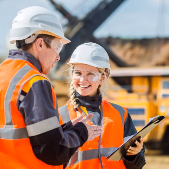 A man and woman wearing safety helmets, safety glasses, and reflective jackets are standing in an open-pit, discussing and looking at a clipboard.