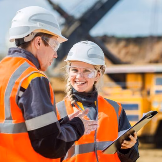 A man and woman wearing safety helmets, safety glasses, and reflective jackets are standing in an open-pit, discussing and looking at a clipboard.