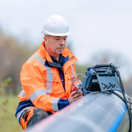 Man wearing an orange safety jacket and white helmet inspecting a large pipeline outdoors at an industrial site.