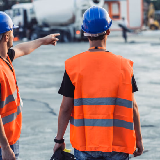 Mitarbeiter in Sicherheitskleidung und mit Bauhelmen auf einer Baustelle während der Arbeiten und der Arbeitskoordination