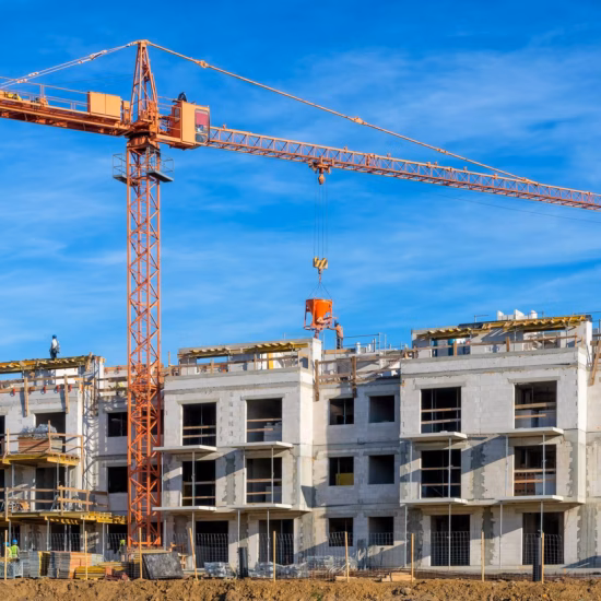 Neubauprojekt mit im Bau befindlichen Wohnkomplexen und einem Turmkran auf einer aktiven Baustelle.