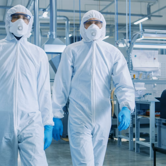 Two Engineers/ Scientists in Hazmat Sterile Suits Walking Through Technologically Advanced Factory/ Laboratory. Clean High-Tech Environment with CNC Machinery.