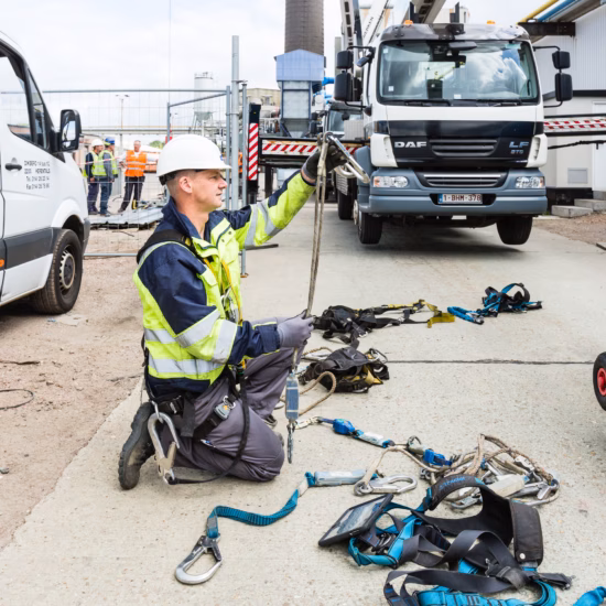 Een medewerker controleert hijsmiddelen en veiligheidsuitrusting op een werkterrein.