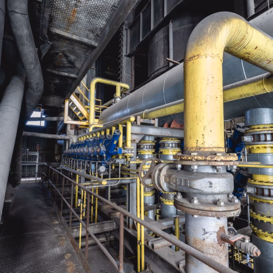 Technische installatie met gele gasleidingen, kleppen en mechanische apparatuur waar Normec gasdetectie en veiligheidsinspecties uitvoert