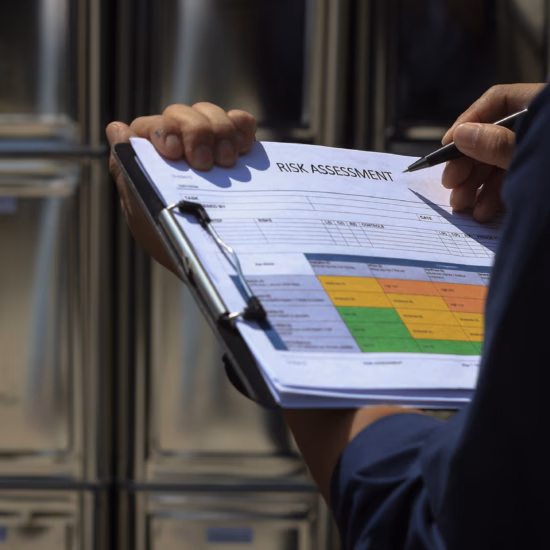 Une personne munie d’un formulaire d’analyse des risques évalue la qualité de l’air et les risques pour la sécurité dans un environnement industriel