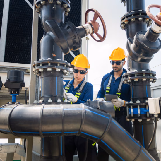 Medewerkers controleren en inspecteren een industrieel leidingsysteem op locatie.