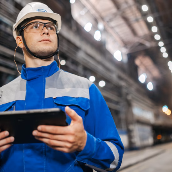 Un employé effectue une inspection et enregistre des données à l'aide d'une tablette dans une installation industrielle.