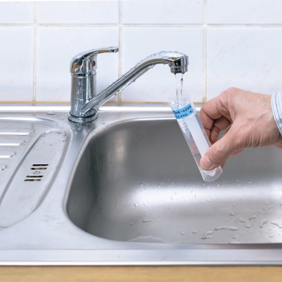 Een watermonster wordt afgenomen bij een kraan voor analyse van de waterkwaliteit.